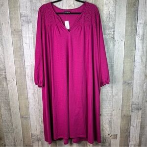 Lane Bryant Size 22/24 Raspberry Lace Eyelet Yoke Notched V-Neck MIDI Dress